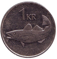 Монета 1 крона. 2003 год, Исландия. Треска. Монета 1 крона. 2003 год, Исландия. Треска.