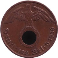 Монета 1 рейхспфенниг. 1936 год, Германия (Третий Рейх). (J). Монета 1 рейхспфенниг. 1936 год, Германия (Третий Рейх). (J).