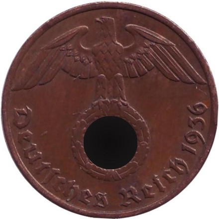 Монета 1 рейхспфенниг. 1936 год, Германия (Третий Рейх). (J). Монета 1 рейхспфенниг. 1936 год, Германия (Третий Рейх). (J).