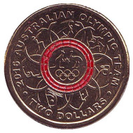 Монета 2 доллара. 2016 год, Австралия. XXXI летние Олимпийские Игры. Рио-де-Жанейро 2016. Красное кольцо.