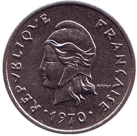 Монета 10 франков. 1970 год, Новые Гебриды. Маска.