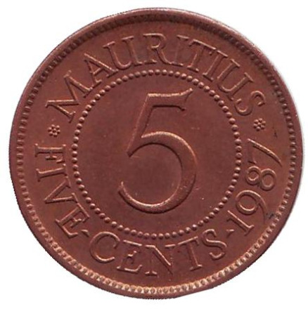 Монета 5 центов. 1987 год, Маврикий.