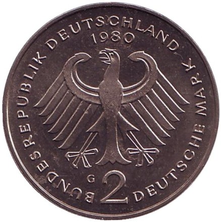 Монета 2 марки. 1980 год (G), ФРГ. Теодор Хойс. Монета 2 марки. 1980 год (G), ФРГ. Теодор Хойс.