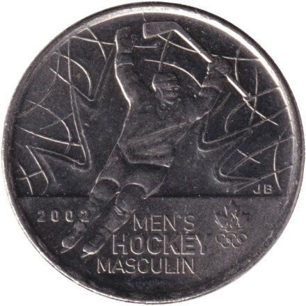Монета 25 центов. 2009 год, Канада. Олимпийские игры в Солт-Лейк-Сити. Мужской хоккей.