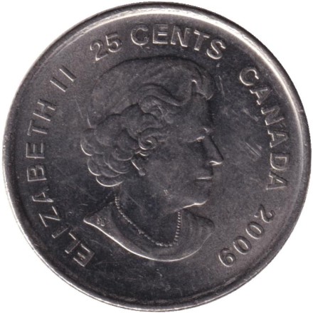 Монета 25 центов. 2009 год, Канада. Олимпийские игры в Солт-Лейк-Сити. Мужской хоккей. Монета 25 центов. 2009 год, Канада. Олимпийские игры в Солт-Лейк-Сити. Мужской хоккей.