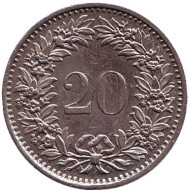 Монета 20 раппенов. 1978 год, Швейцария. Монета 20 раппенов. 1978 год, Швейцария.
