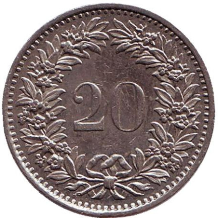Монета 20 раппенов. 1978 год, Швейцария.