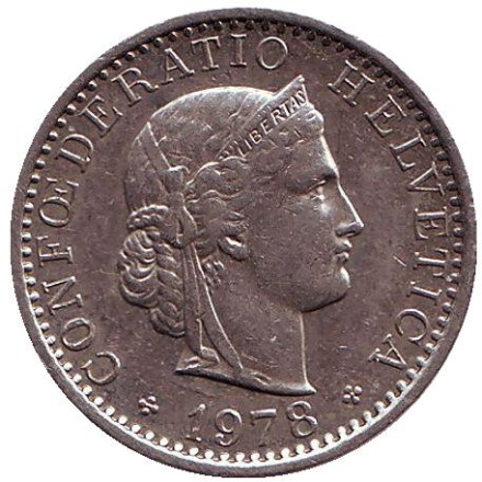Монета 20 раппенов. 1978 год, Швейцария.