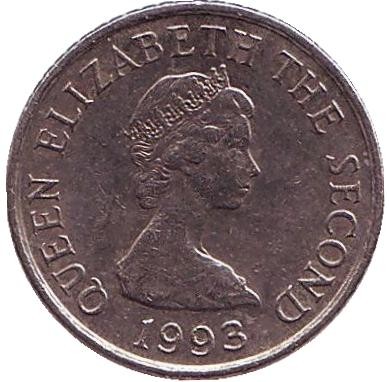 Монета 5 пенсов. 1993 год, Джерси. Башня Сеймура в Гровилле.