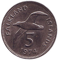 Монета 5 пенсов. 1974 год, Фолклендские острова. Чернобровый альбатрос. Монета 5 пенсов. 1974 год, Фолклендские острова. Чернобровый альбатрос.