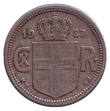 Монета 25 аураров. 1937 год, Исландия. (Цифра "7" приближена к "3"). Монета 25 аураров. 1937 год, Исландия. (Цифра "7" приближена к "3").