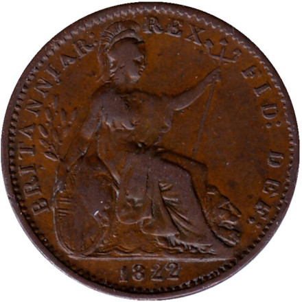 Монета 1 фартинг. 1822 год, Великобритания. Состояние - XF.