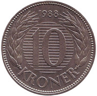 Монета 10 крон. 1988 год, Дания. Монета 10 крон. 1988 год, Дания.