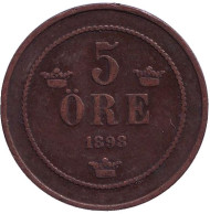 Монета 5 эре. 1898 год, Швеция. Монета 5 эре. 1898 год, Швеция.