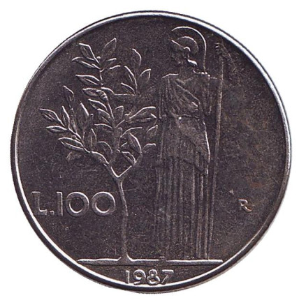 Монета 100 лир. 1987 год, Италия. Богиня мудрости Минерва рядом с оливковым деревом.