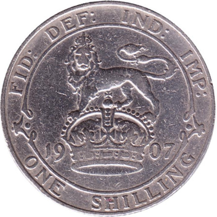 Монета 1 шиллинг. 1907 год, Великобритания.