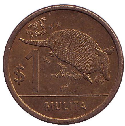 Монета 1 песо. 2011 год, Уругвай. Из обращения. Броненосец.