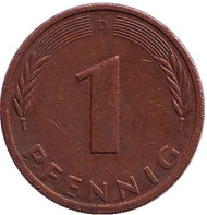 Монета 1 пфенниг. 1982 год (D), ФРГ. Дубовые листья. Монета 1 пфенниг. 1982 год (D), ФРГ. Дубовые листья.