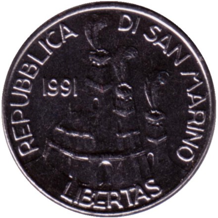 Монета 100 лир. 1991 год, Сан-Марино. Убежище для Гарибальди. Монета 100 лир. 1991 год, Сан-Марино. Убежище для Гарибальди.