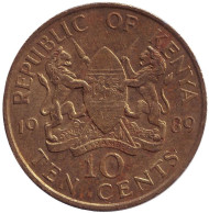 Монета 10 центов. 1989 год, Кения. Монета 10 центов. 1989 год, Кения.