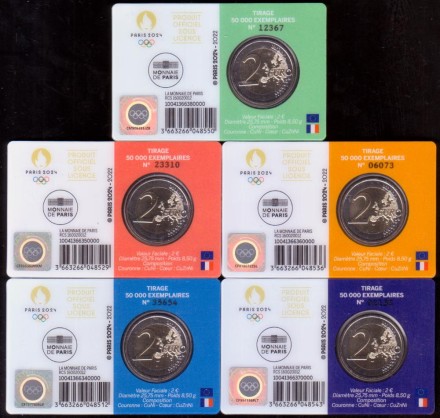 Набор из 5 монет номиналом 2 евро в коинкартах. 2022 год, Франция.XXXIII летние Олимпийские игры, Париж 2024. Набор из 5 монет номиналом 2 евро в коинкартах. 2022 год, Франция.XXXIII летние Олимпийские игры, Париж 2024.