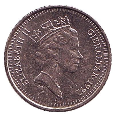 Монета 5 пенсов. 1992 год, Гибралтар. Варварийская обезьяна. (AB).