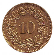 Монета 10 раппенов. 1918 год, Швейцария. (Латунь). Монета 10 раппенов. 1918 год, Швейцария. (Латунь).