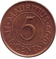 Монета 5 центов, 1999 год, Маврикий. Монета 5 центов, 1999 год, Маврикий.