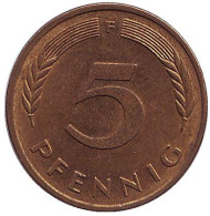 Монета 5 пфеннигов. 1980 год (F), ФРГ. Дубовые листья. Монета 5 пфеннигов. 1980 год (F), ФРГ. Дубовые листья.