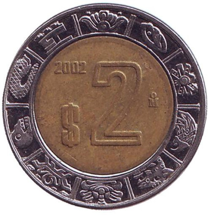 Монета 2 песо. 2002 год, Мексика.