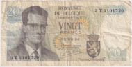 Банкнота 20 франков. 1964 год, Бельгия. P-138(3). Банкнота 20 франков. 1964 год, Бельгия. P-138(3).