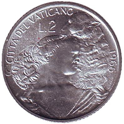 Монета 2 лиры. 1966 год, Ватикан. Шепард с овцой на плечах. Папа Павел VI.