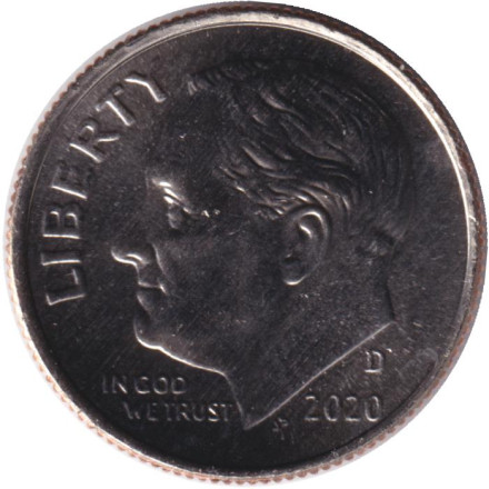 Монета 10 центов. 2020 (D) год, США. Рузвельт.