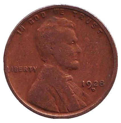 Монета 1 цент. 1928 год (D), США. Линкольн.