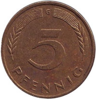 Монета 5 пфеннигов. 1976 год (G), ФРГ. Дубовые листья. Монета 5 пфеннигов. 1976 год (G), ФРГ. Дубовые листья.