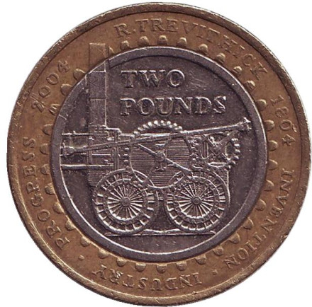 Монета 2 фунта. 2004 год, Великобритания. 200 лет первому паровозу Ричарда Тревитика.