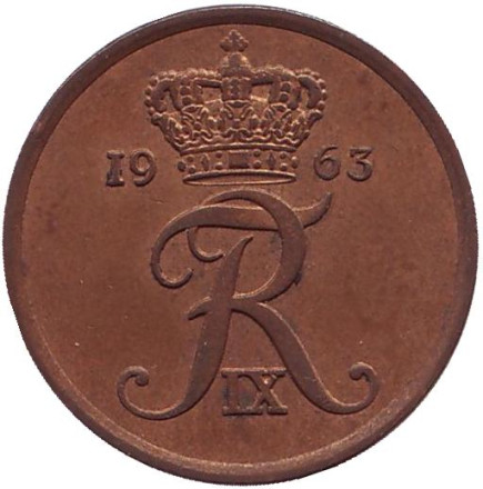 Монета 5 эре. 1963 год, Дания. (Бронза).