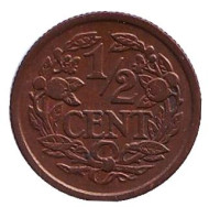 Монета 1/2 цента. 1934 год, Нидерланды. Монета 1/2 цента. 1934 год, Нидерланды.