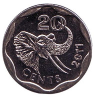 Монета 20 центов. 2011 год, Свазиленд. (Диаметр 18,5 мм). Слон. Монета 20 центов. 2011 год, Свазиленд. (Диаметр 18,5 мм). Слон.