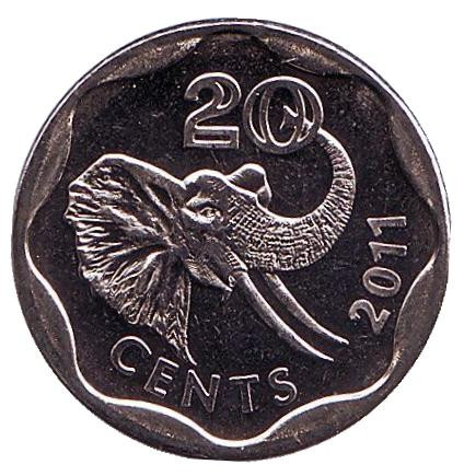 Монета 20 центов. 2011 год, Свазиленд. (Диаметр 18,5 мм). Слон.