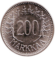 Монета 200 марок. 1957 год, Финляндия.