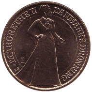 Монета 20 крон. 1997 год, Дания. 25 лет правлению Королевы. Монета 20 крон. 1997 год, Дания. 25 лет правлению Королевы.