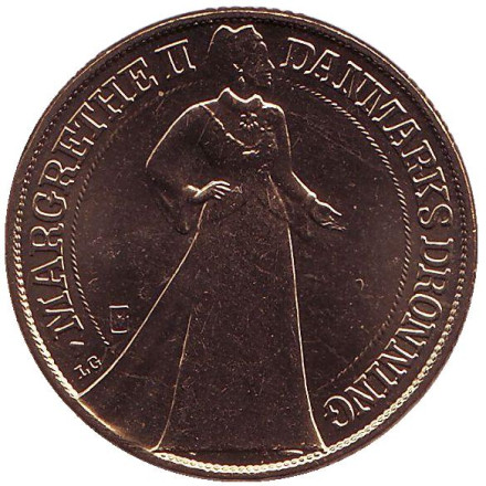 Монета 20 крон. 1997 год, Дания. aUNC. 25 лет правлению Королевы.