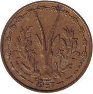 Монета 10 франков. 1957 год, Того (Французская Западная Африка). Газель. Монета 10 франков. 1957 год, Того (Французская Западная Африка). Газель.