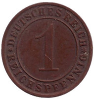Монета 1 рейхспфенниг. 1934 год (E), Веймарская республика. Монета 1 рейхспфенниг. 1934 год (E), Веймарская республика.