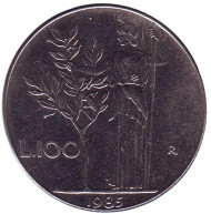 Монета 100 лир. 1985 год, Италия. Богиня мудрости Минерва рядом с оливковым деревом. Монета 100 лир. 1985 год, Италия. Богиня мудрости Минерва рядом с оливковым деревом.