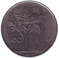 Монета 100 лир. 1965 год, Италия. Богиня мудрости Минерва рядом с оливковым деревом. Монета 100 лир. 1965 год, Италия. Богиня мудрости Минерва рядом с оливковым деревом.