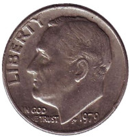 Монета 10 центов. 1979 (P) год, США. Рузвельт. Монета 10 центов. 1979 (P) год, США. Рузвельт.