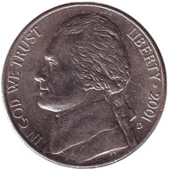 Монета 5 центов. 2001 год (D), США. Джефферсон. Монтичелло. Монета 5 центов. 2001 год (D), США. Джефферсон. Монтичелло.