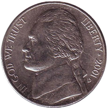 Монета 5 центов. 2001 год (D), США. Джефферсон. Монтичелло.